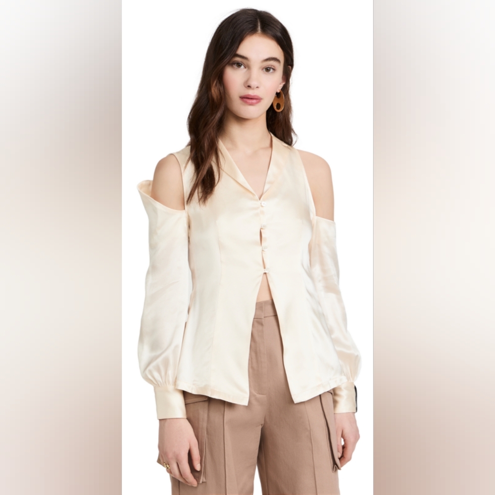 12. NWT ROKH CUT OUT SHOULDER SILK BLOUSE IN IVORY